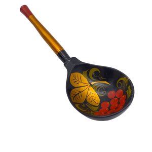 Russian hand painted decorative wooden spoon Ukrainian black lacquered
